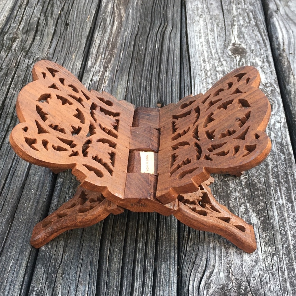 Intricately Carved Wooden Butterfly Stand Book Stand, Ornate Floral Design India